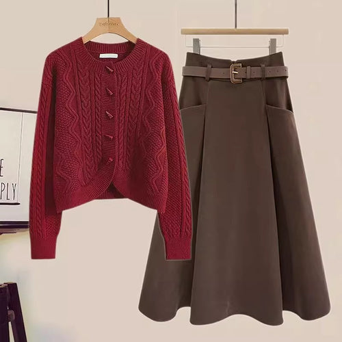 Leto Set of Sweater & Skirt With Belt In Red