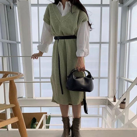 Holly Knitted Dress- Set of 3 With Belt - Alamode By Akanksha