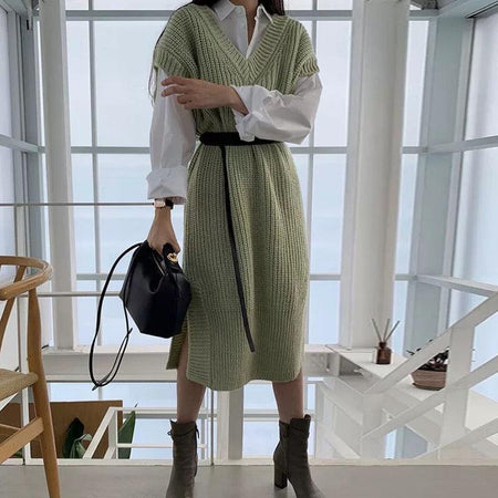 Holly Knitted Dress- Set of 3 With Belt - Alamode By Akanksha