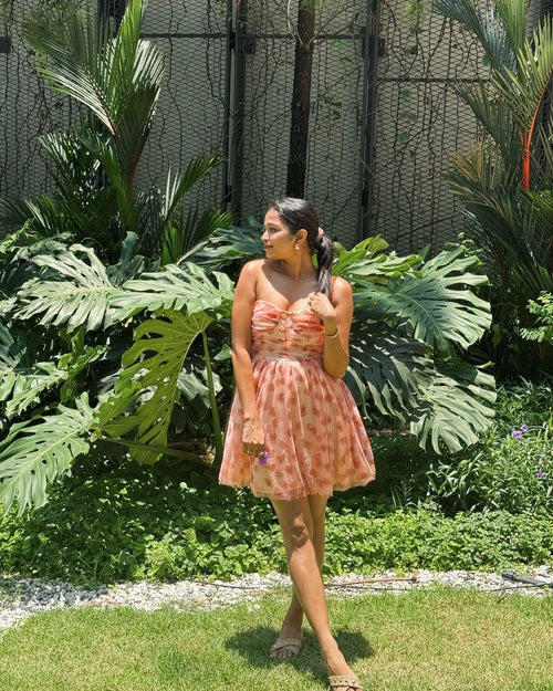 Rubert Mesh Detail Party Dress In Peach