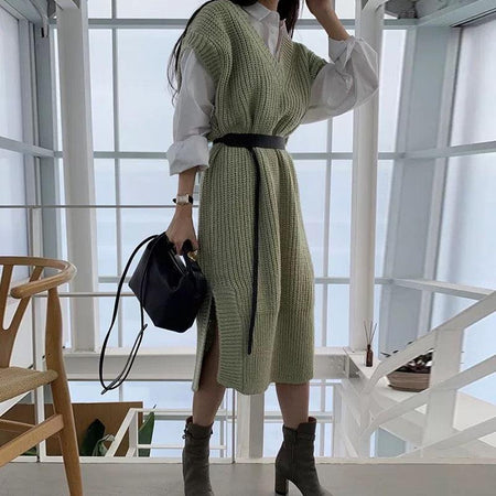 Holly Knitted Dress- Set of 3 With Belt - Alamode By Akanksha