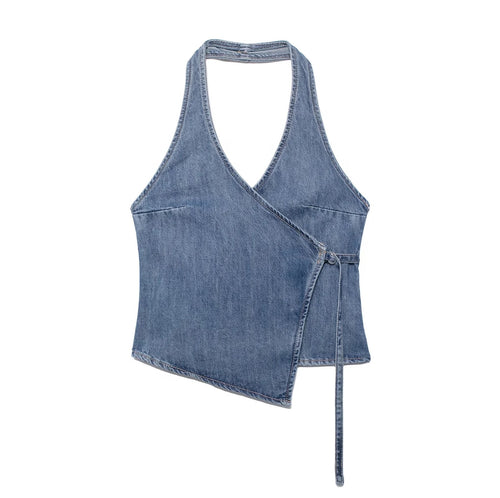 Fiyo Denim Knot Up Tops In Blue
