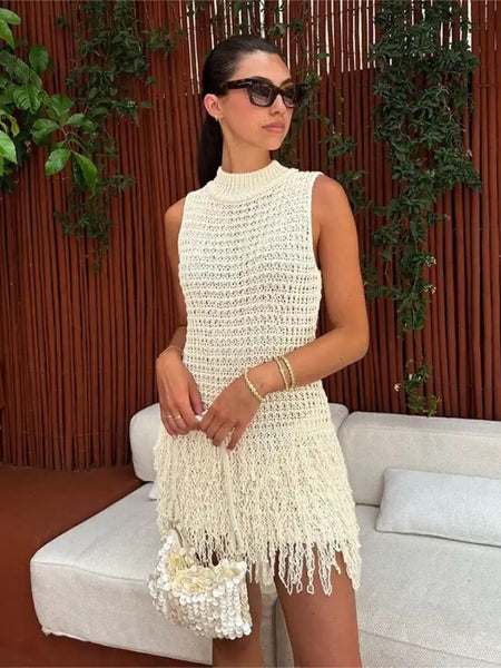 Milos Tasseled Soft Crochet Dress In Beige