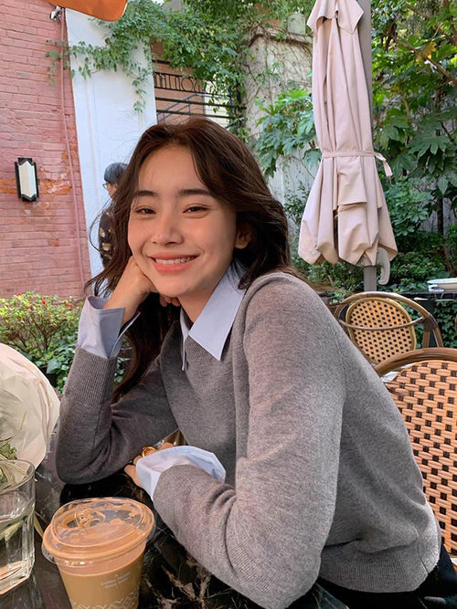 Blair Statement Tops with Attached Sweater In Grey