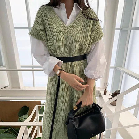 Holly Knitted Dress- Set of 3 With Belt - Alamode By Akanksha