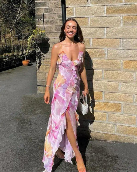 Clove Ruffled Summer Maxi Dress In Purple