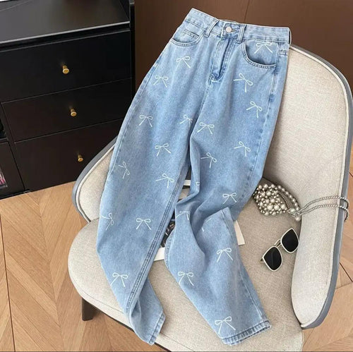 Gabi Bow Printed Denim Jeans In Blue