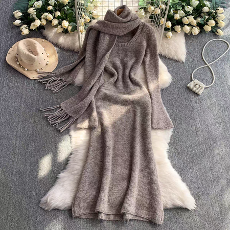 Micola Woolen Dress With Scarf In Beige