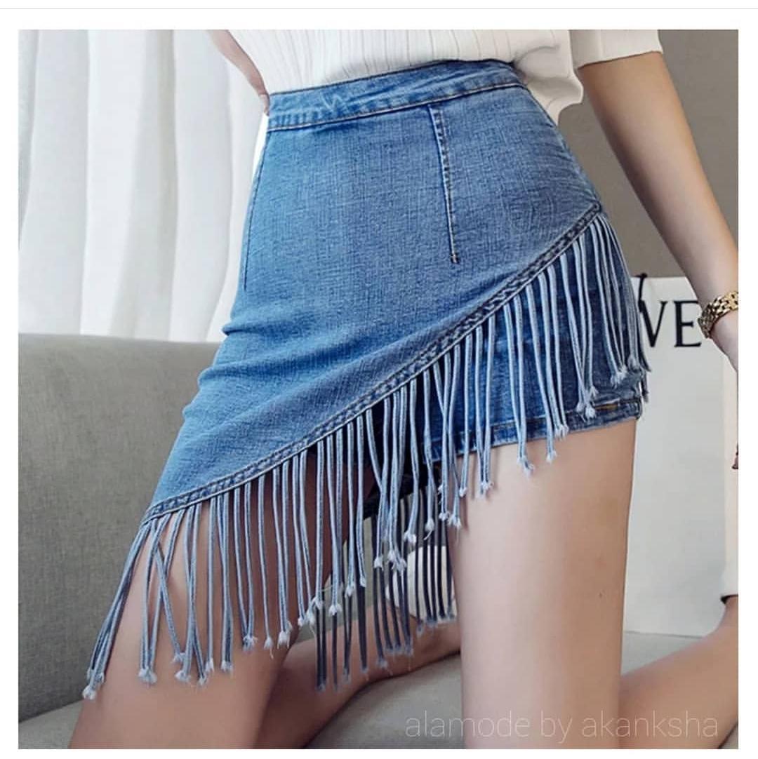 GRANCY】Fringedesign Denim Skirt Grancy Fringe Design Denim Skirt M