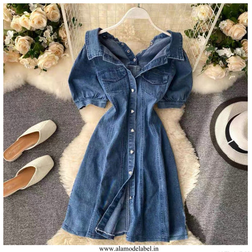 Calista Offshoulder Denim Dress In Navy Blue