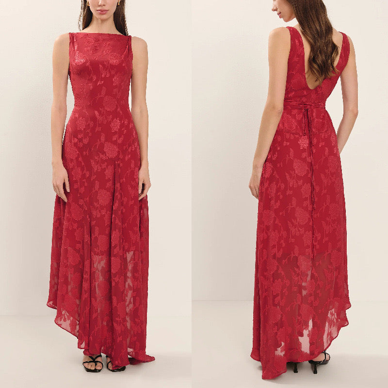 Peony Devore Maxi Dress In Red - Miss Mosa