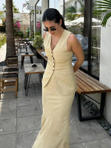 Cynthia Statement Vest Suit with Skirt In Beige