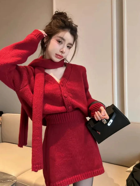 Red - Sara Luxe Winter Coord Set with Scarf