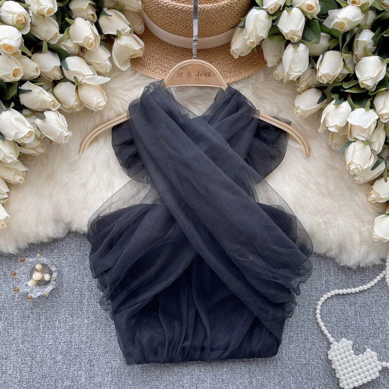 Lorre Summer Tops with Inbuilt Bra In Black