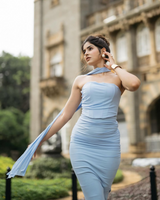 Alara Summer 2 Pcs Set - Set of Top And Skirt With Scarf In Sky Blue