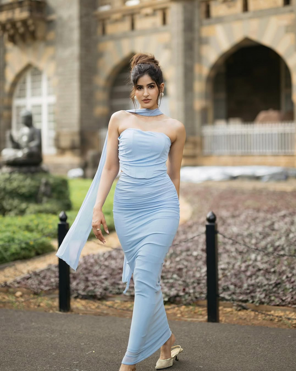 Alara Summer 2 Pcs Set - Set of Top And Skirt With Scarf In Sky Blue