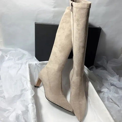 Leona Over Knee Premium Suede Boots In Nude Grey