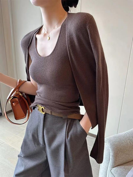 Brown - Saira Statement Tops with Cape Style Sweater