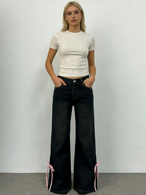 Una Bow Slit High Rise Bootcut Jeans