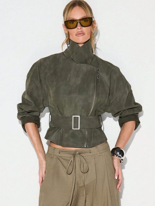 Locke Zip Up Belted Biker Jacket