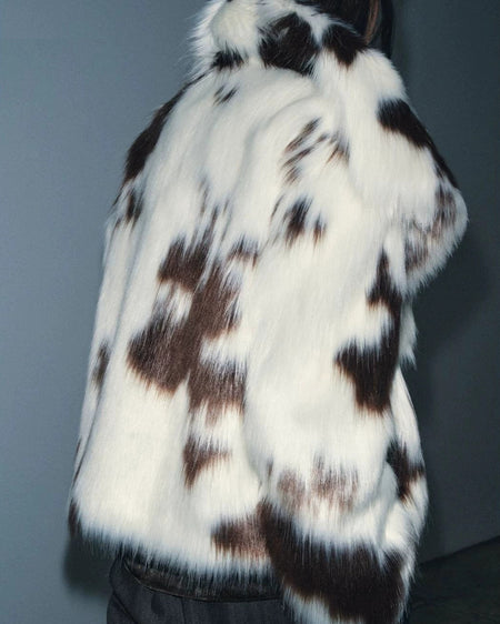 Stone Cow Print Fur Coat