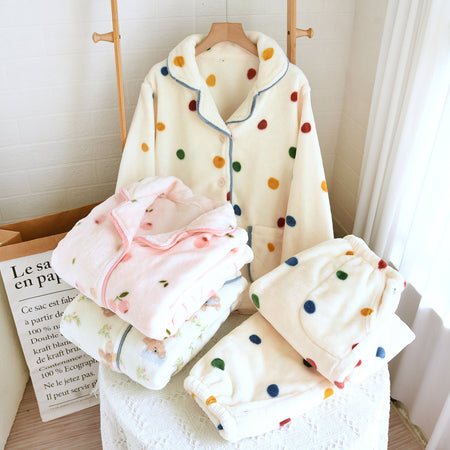 Elena Polka Fleece Nightsuit In Cream