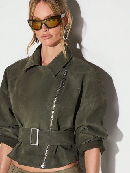 Locke Zip Up Belted Biker Jacket