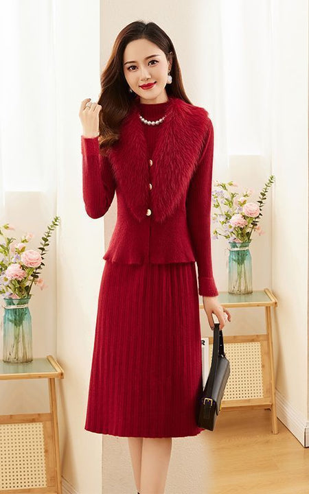 Yaren Woolen Dress With Fur Vest Top