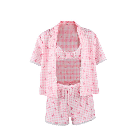 Calista 3Pcs Lace Bow Gingham Nightsuit Short Set