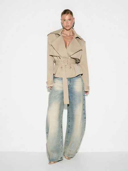 Jett Double Breasted Short Trench Coat With Belt