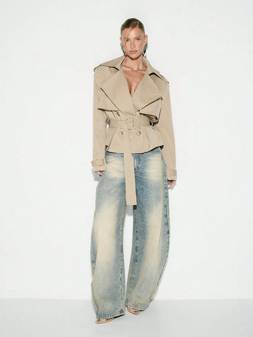 Jett Double Breasted Short Trench Coat With Belt