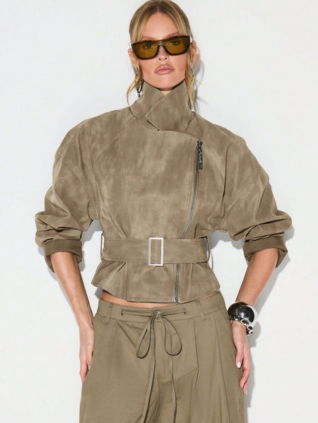 Locke Zip Up Belted Biker Jacket