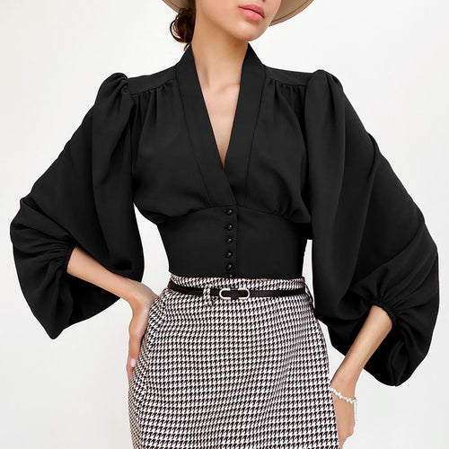 Marie Puffed  Sleeve Blouse In Black