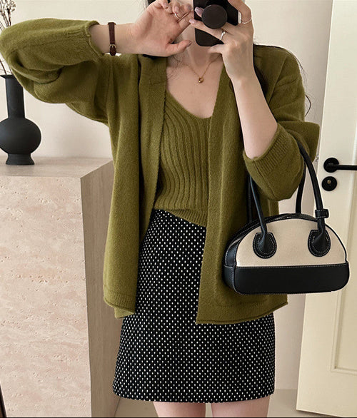 Nixie Statement Woolen Top with Cape Style Sweater In Olive