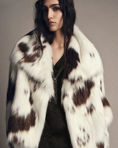 Stone Cow Print Fur Coat