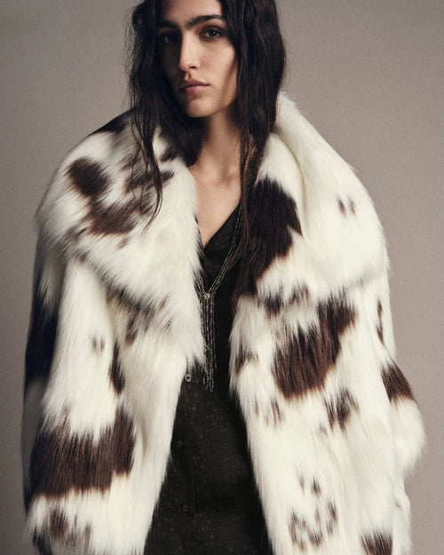 Stone Cow Print Fur Coat