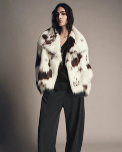Stone Cow Print Fur Coat
