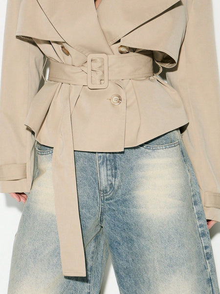 Jett Double Breasted Short Trench Coat With Belt