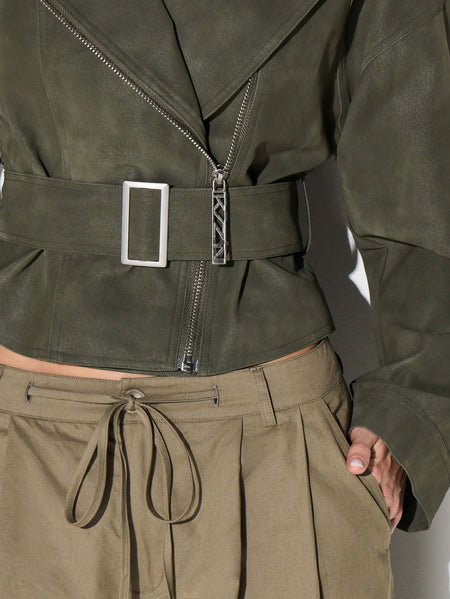 Locke Zip Up Belted Biker Jacket