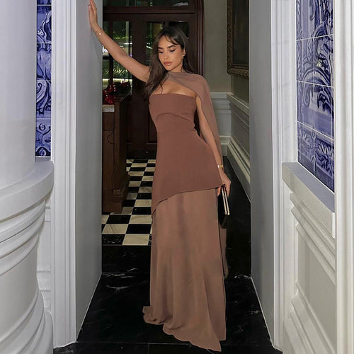 Annora Off-Shoulder Maxi Dress With Scarf In Brown