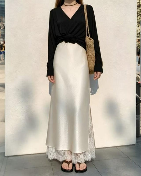 Dagny Satin Lace Midi Skirt