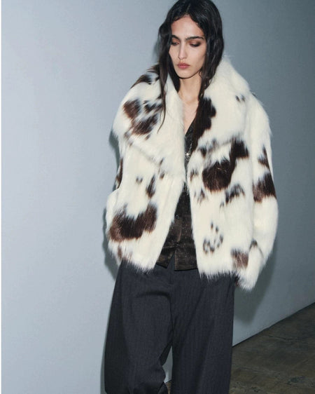 Stone Cow Print Fur Coat