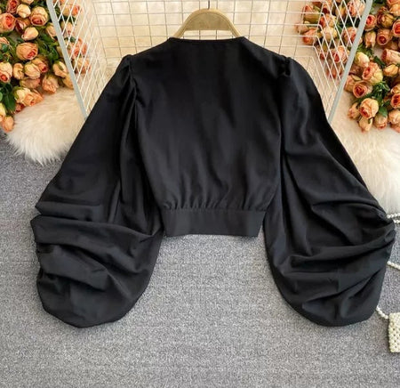 Marie Puffed  Sleeve Blouse In Black