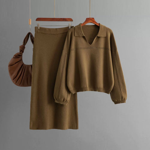 Aster Premium Woolen Coord Set - Sweater with Skirt In Brown