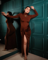 Alina Statement  Slit Cut Maxi Dress In Brown