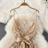 Jarold Mesh Detail Party Dress in Beige - Alamode By Akanksha