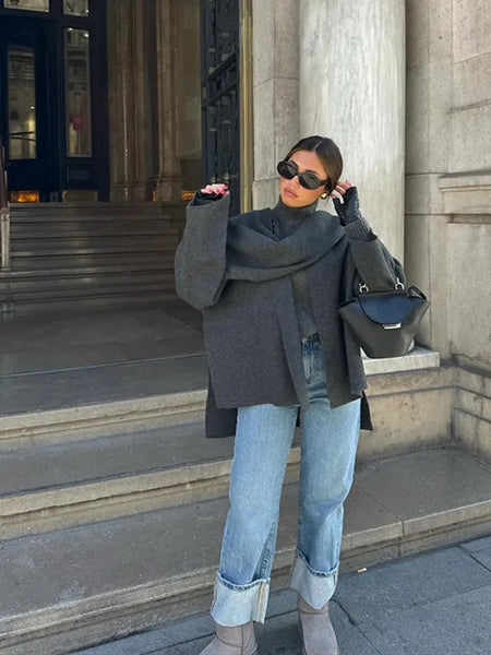 Essie Vintage Woolen Short Coat With Scarf In Grey