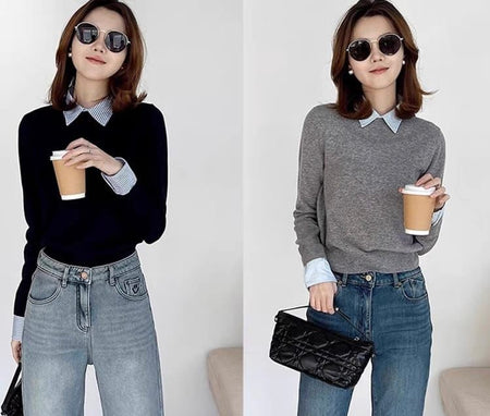 Blair Statement Tops with Attached Sweater In Navy Blue