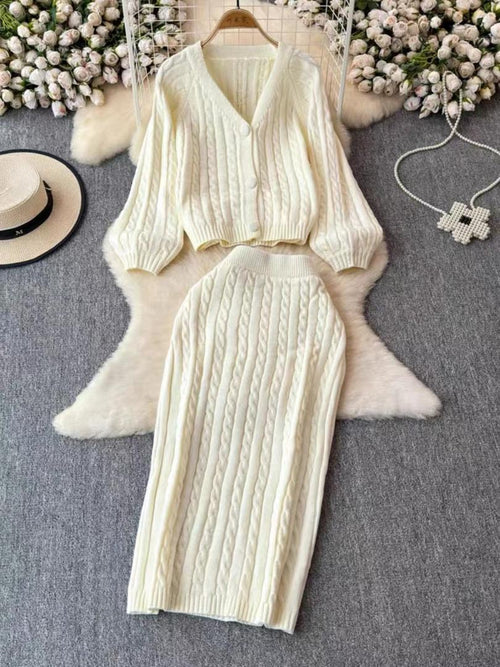 Crystella  Winter Coord Set - Set of Sweater and Skirt In Off White