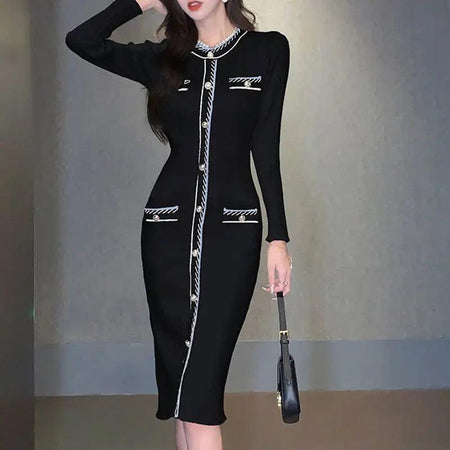 Black - Reller Vintage Woolen Bodycon Dress